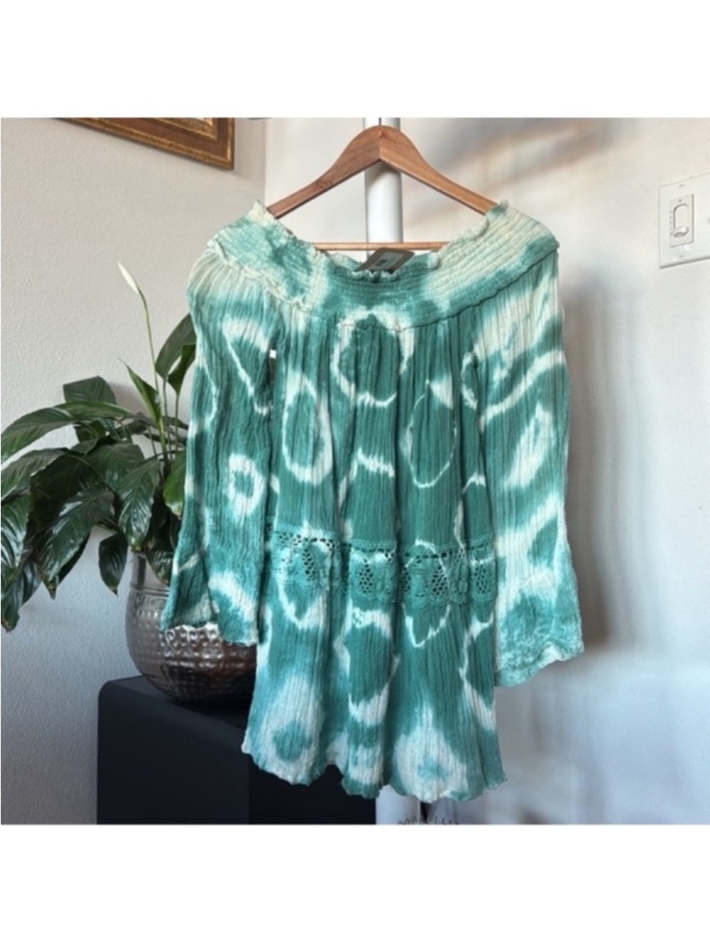 Jens Pirate Booty off shoulder Gauze Tunic Mini Dress Sz S Tie Dye Crochet New